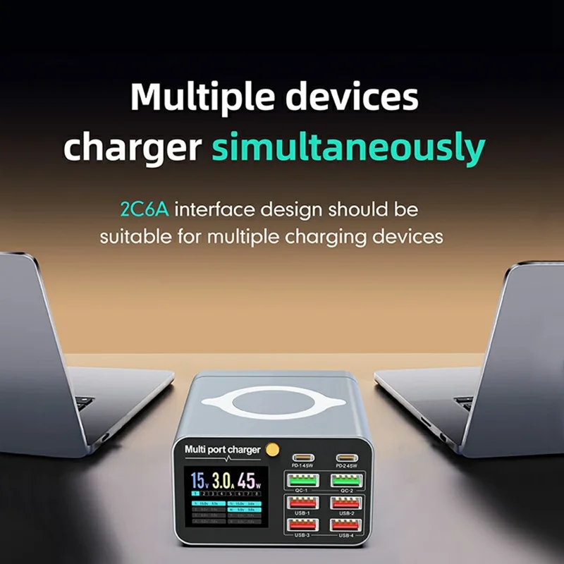 WLX-M2 80W Desktop Charger Adapter 8 Port GaN USB C PD 45W Charging Station Support Wireless Charging - US Plug