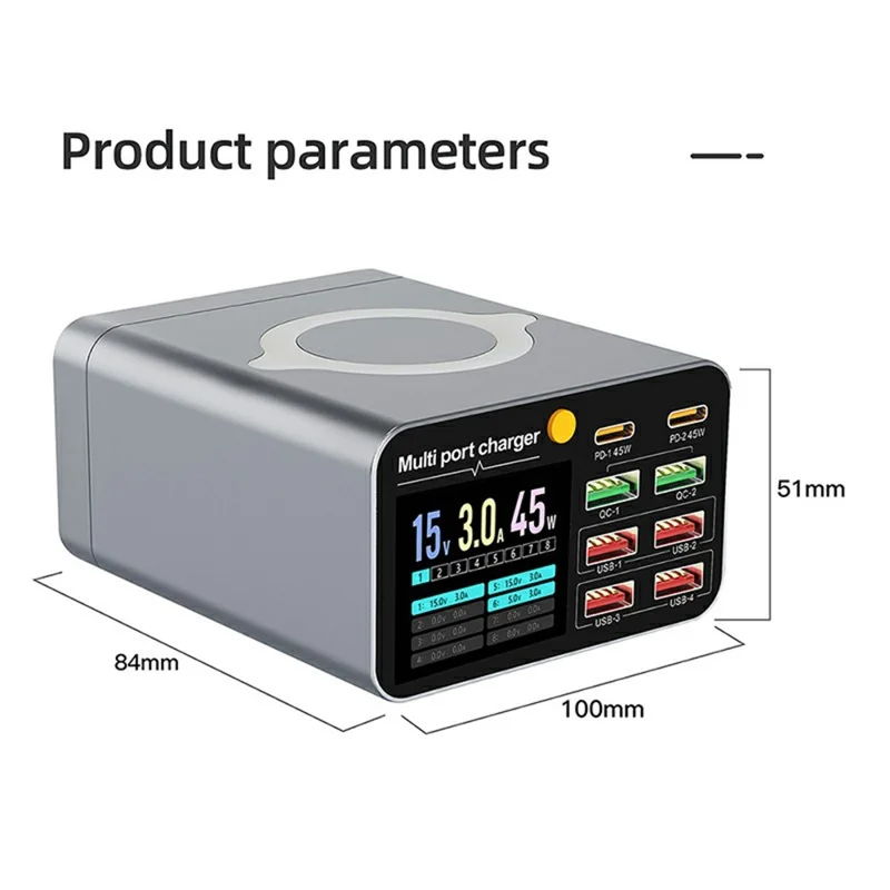 WLX-M2 80W Desktop Charger Adapter 8 Port GaN USB C PD 45W Charging Station Support Wireless Charging - US Plug