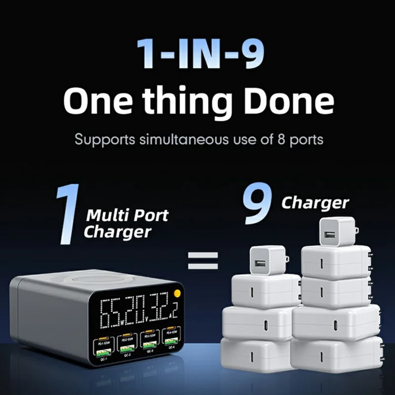 Stacja ładująca WLX-M3 9 w 1 80 W GaN, szybki ładowarka PD QC, koncentrator biurkowy z bezprzewodowym ładowaniem – wtyk US