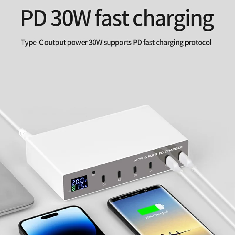 Stacja ładująca WLX-X6P 140 W, 6 portów, GaN, USB C PD, 30 W, szybkie ładowanie, do laptopa/smartfona/tabletu – wtyk amerykański