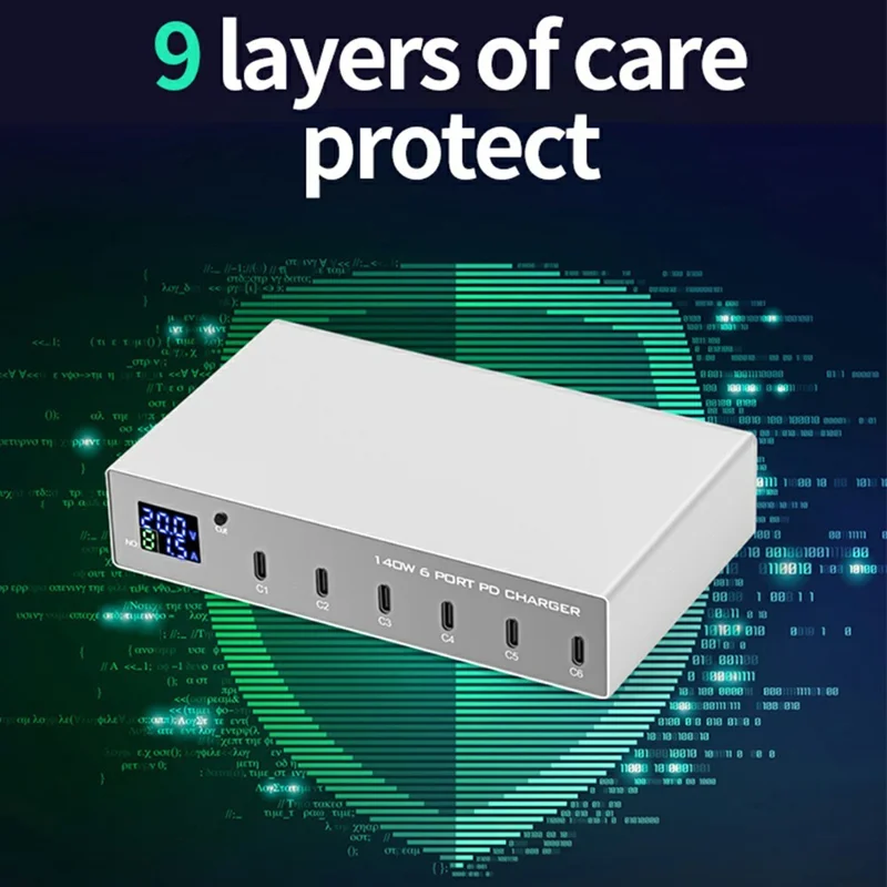 Stacja ładująca WLX-X6P 140 W, 6 portów, GaN, USB C PD, 30 W, szybkie ładowanie, do laptopa/smartfona/tabletu – wtyk amerykański