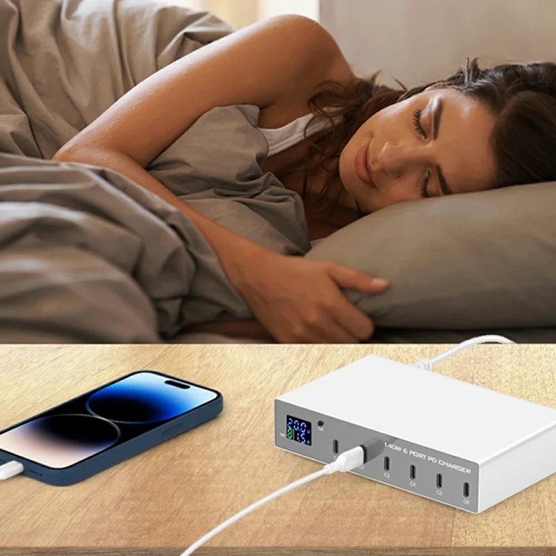 Stacja ładująca WLX-X6P 140 W, 6 portów, GaN, USB C PD, 30 W, szybkie ładowanie, do laptopa/smartfona/tabletu – wtyk amerykański