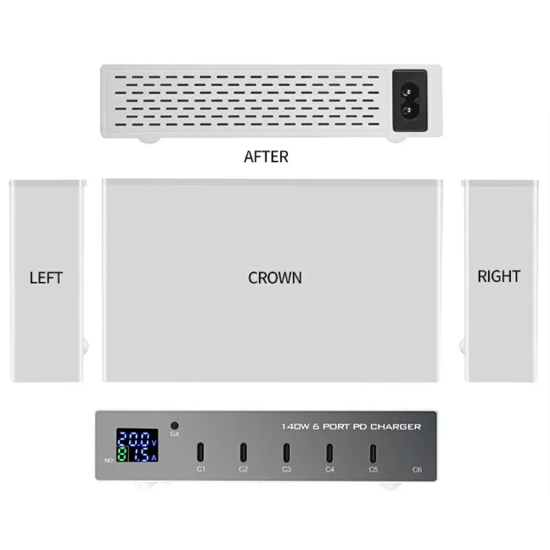 Stacja ładująca WLX-X6P 140 W, 6 portów, GaN, USB C PD, 30 W, szybkie ładowanie, do laptopa/smartfona/tabletu – wtyk amerykański