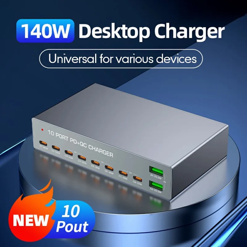 WLX-X6Y 140W Desktop-Ladestation USB C + USB A 10 Anschlüsse PD 100W GaN Schnellladegerät Hub – US-Stecker