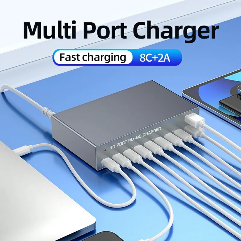 WLX-X6Y 140W Desktop-Ladestation USB C + USB A 10 Anschlüsse PD 100W GaN Schnellladegerät Hub – US-Stecker