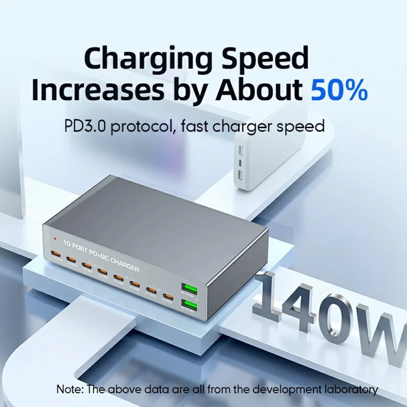 WLX-X6Y 140W Desktop-Ladestation USB C + USB A 10 Anschlüsse PD 100W GaN Schnellladegerät Hub – US-Stecker