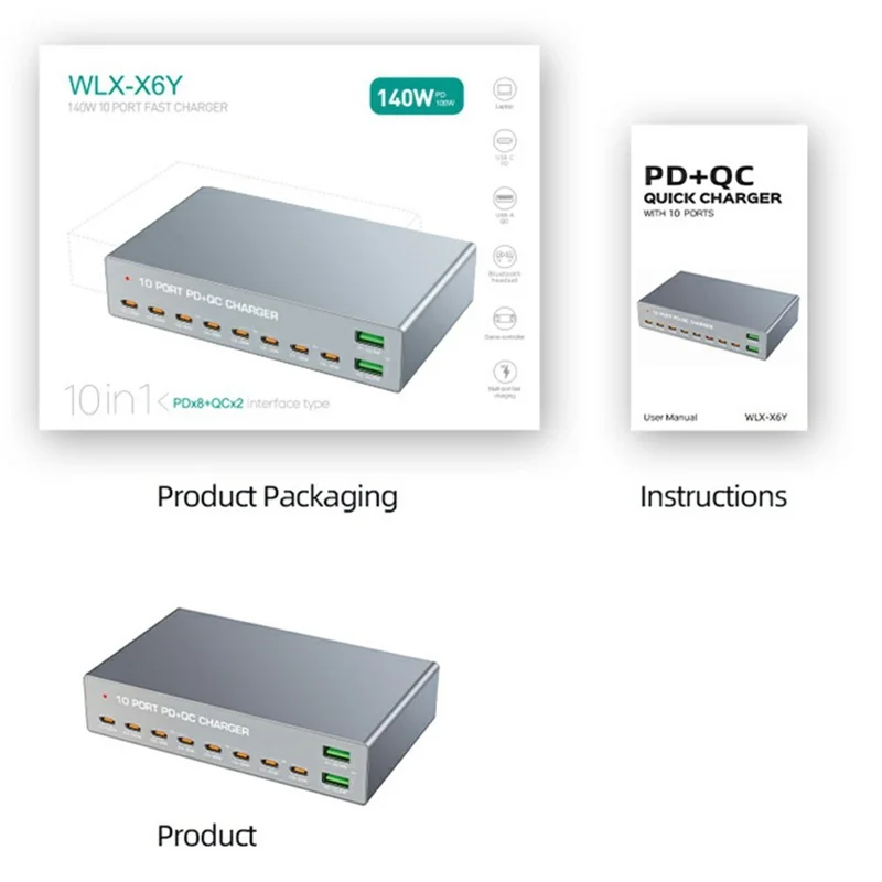 WLX-X6Y 140W Desktop-Ladestation USB C + USB A 10 Anschlüsse PD 100W GaN Schnellladegerät Hub – US-Stecker