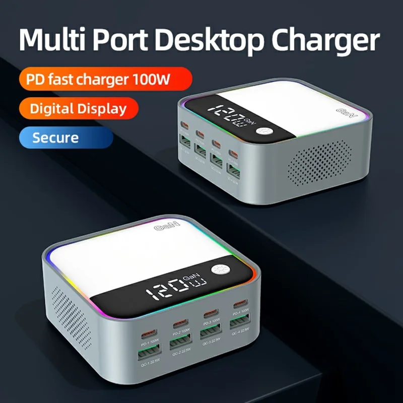 Station de charge de bureau WLX-M8 120W 8 ports GaN USB C PD 100W Adaptateur de charge rapide - Prise US
