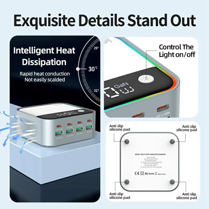 Station de charge de bureau WLX-M8 120W 8 ports GaN USB C PD 100W Adaptateur de charge rapide - Prise US