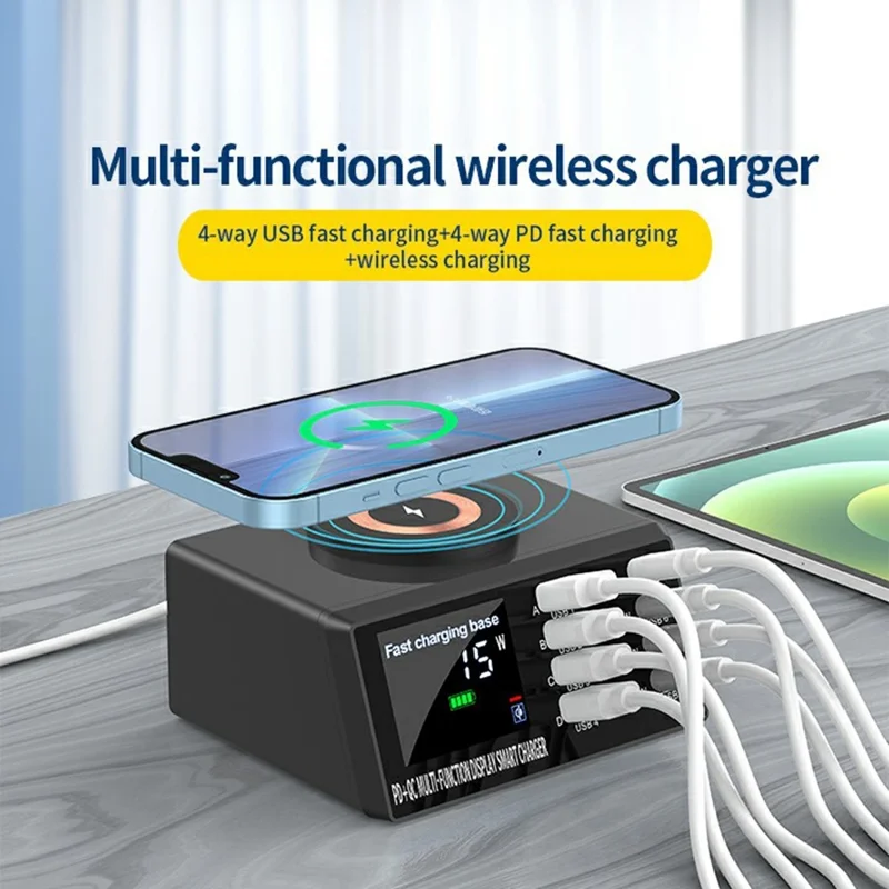 WLX-X9M 9 in 1 110W Desktop Charging Station 45W PD QC USB Type C Smart Power Adapter with Wireless Charger - US Plug