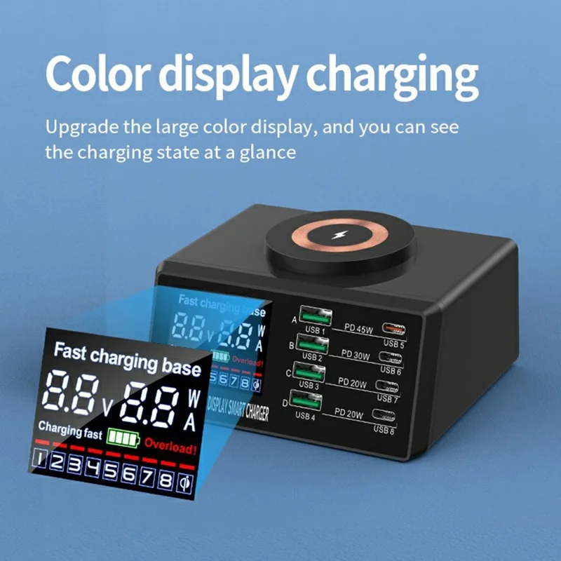 WLX-X9M 9 in 1 110W Desktop Charging Station 45W PD QC USB Type C Smart Power Adapter with Wireless Charger - US Plug