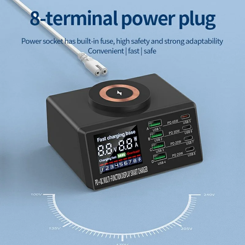 WLX-X9M 9 in 1 110W Desktop Charging Station 45W PD QC USB Type C Smart Power Adapter with Wireless Charger - US Plug