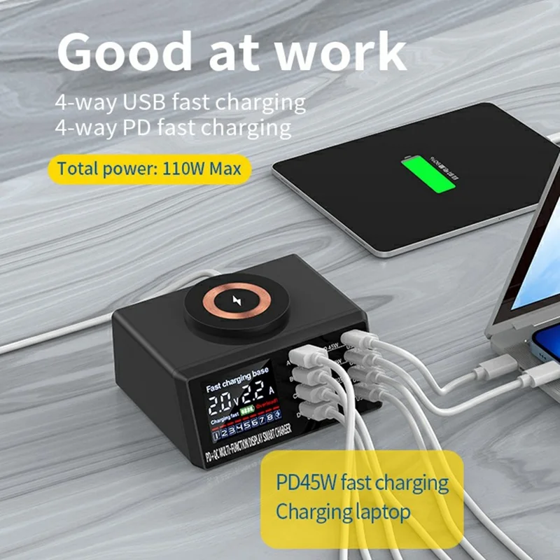 WLX-X9M 9 in 1 110W Desktop Charging Station 45W PD QC USB Type C Smart Power Adapter with Wireless Charger - US Plug