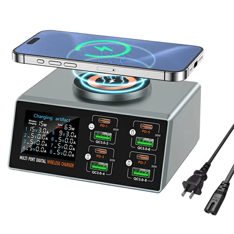 WLX-X9S 9 in 1 140W Desktop Charging Station 65W PD QC USB Type-C 8-Port Smart Charger Wireless Magnetic Charger - US Plug