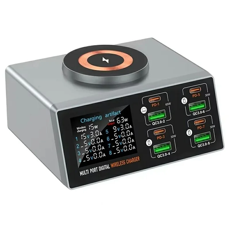 WLX-X9S 9 in 1 140W Desktop Charging Station 65W PD QC USB Type-C 8-Port Smart Charger Wireless Magnetic Charger - US Plug
