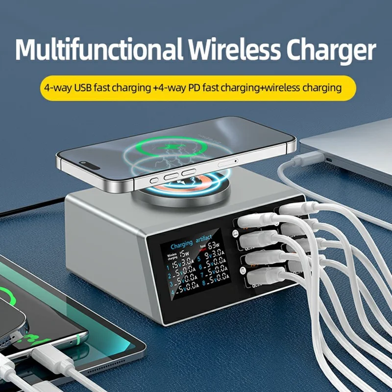 WLX-X9S 9 in 1 140W Desktop Charging Station 65W PD QC USB Type-C 8-Port Smart Charger Wireless Magnetic Charger - US Plug