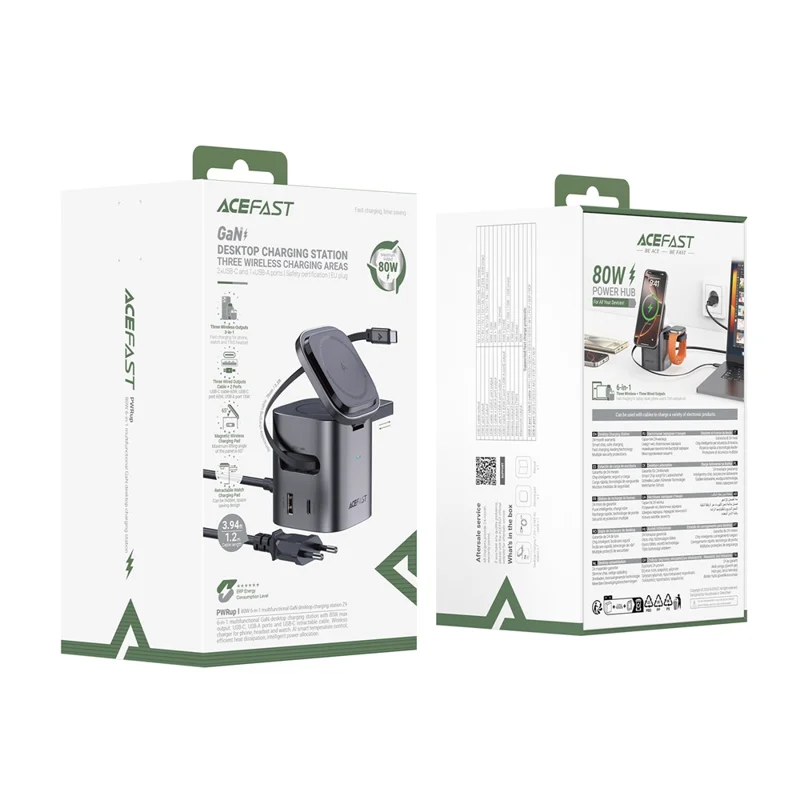 ACEFAST Z9 80W 6-in-1 GaN Desktop Charging Station Multi-Function Fast Charger Adapter Built-In USB-C Cable, EU Plug