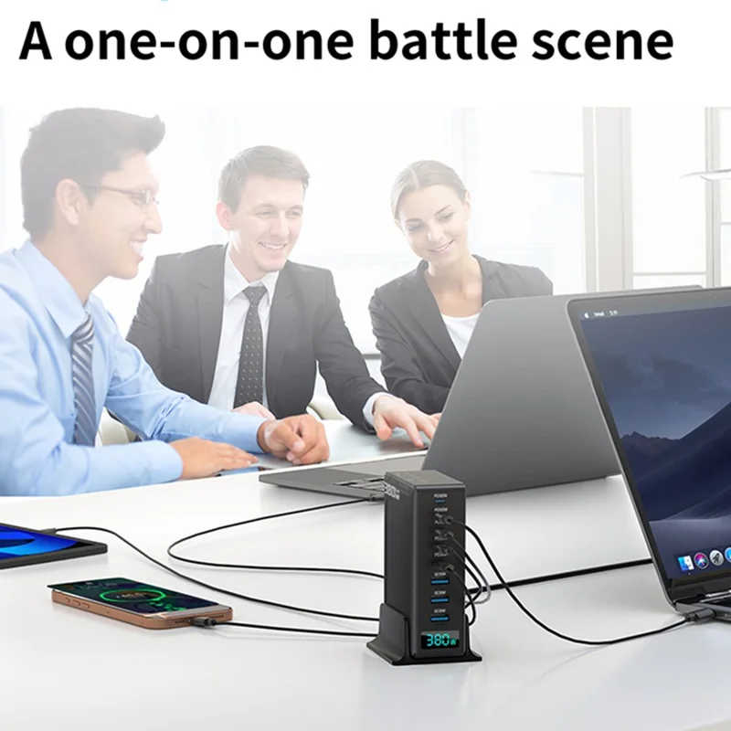 Station de charge 380 W avec affichage numérique en nitrure de gallium Type-C + USB-A, chargeur rapide 8 ports - Noir / Prise UE