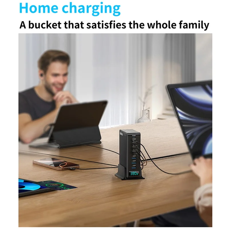 Station de charge 380 W avec affichage numérique en nitrure de gallium Type-C + USB-A, chargeur rapide 8 ports - Noir / Prise UE