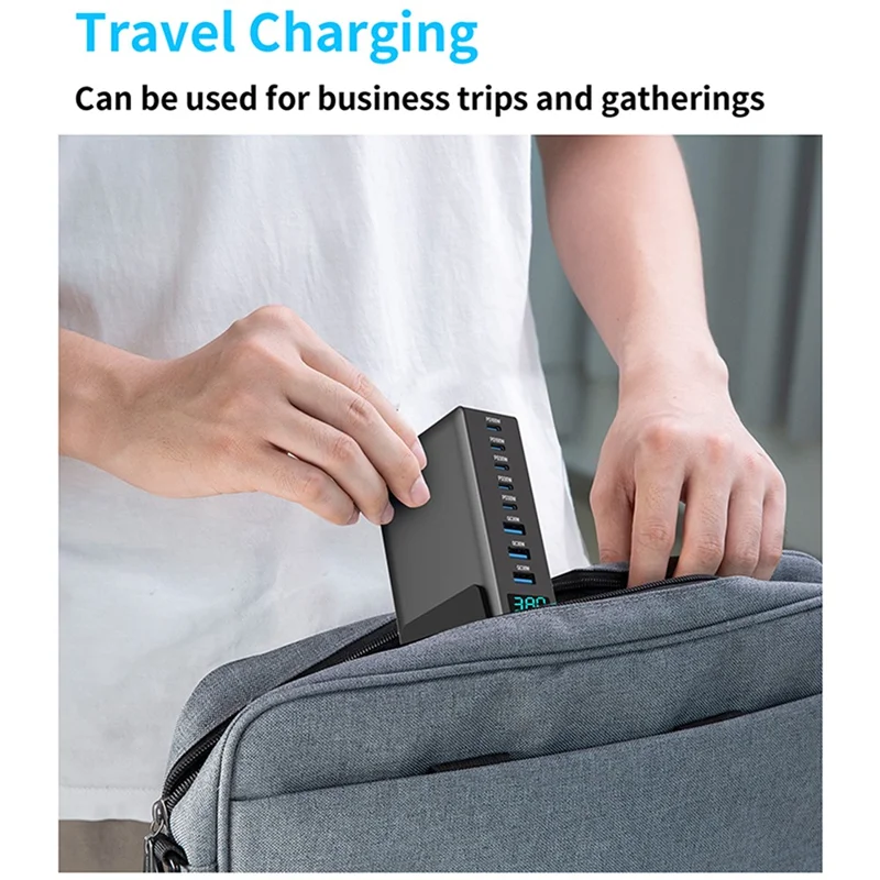 Station de charge 380 W avec affichage numérique en nitrure de gallium Type-C + USB-A, chargeur rapide 8 ports - Noir / Prise UE