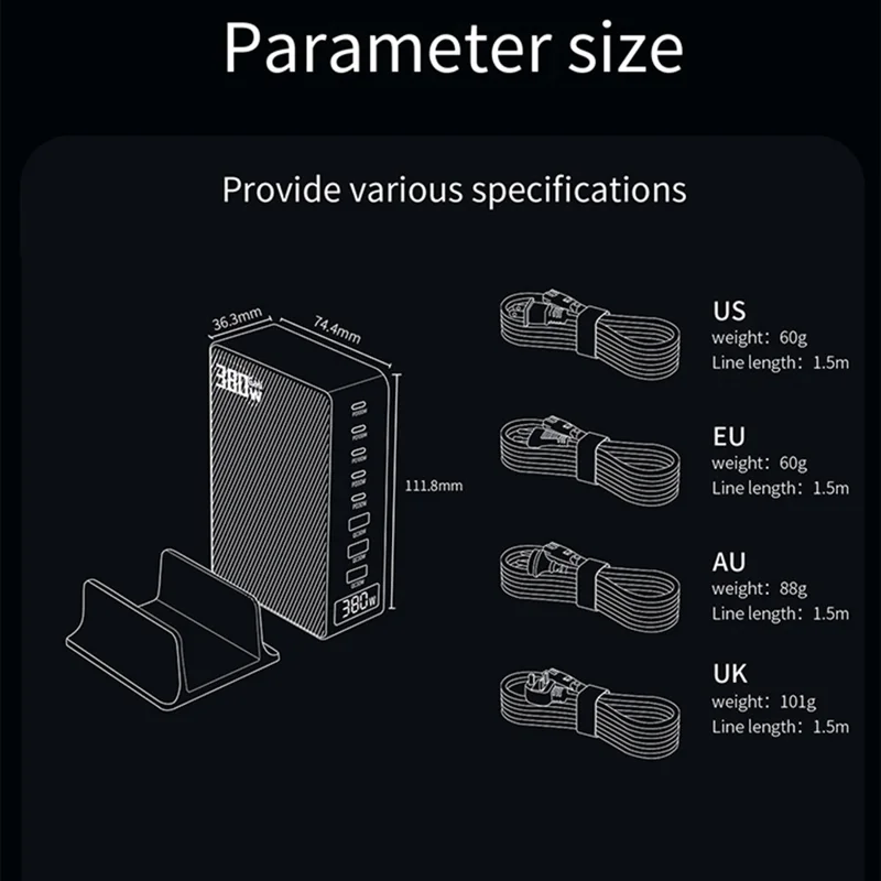 Station de charge 380 W avec affichage numérique en nitrure de gallium Type-C + USB-A, chargeur rapide 8 ports - Noir / Prise UE