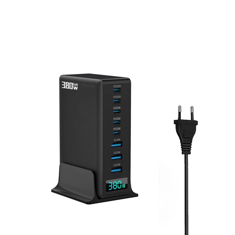 Station de charge 380 W avec affichage numérique en nitrure de gallium Type-C + USB-A, chargeur rapide 8 ports - Noir / Prise UE