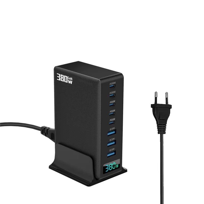 Station de charge 380 W avec affichage numérique en nitrure de gallium Type-C + USB-A, chargeur rapide 8 ports - Noir / Prise UE