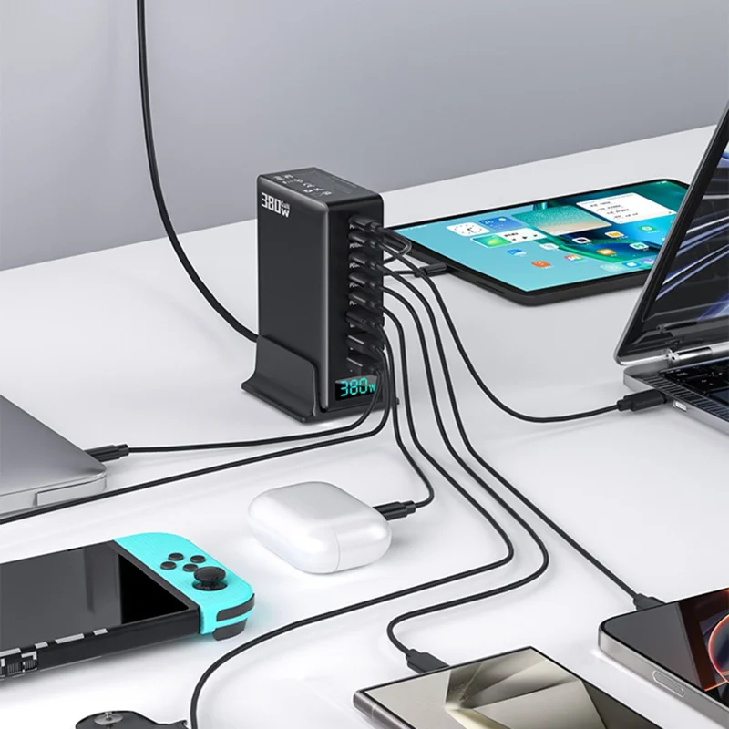 Station de charge 380 W avec affichage numérique en nitrure de gallium Type-C + USB-A, chargeur rapide 8 ports - Noir / Prise UE