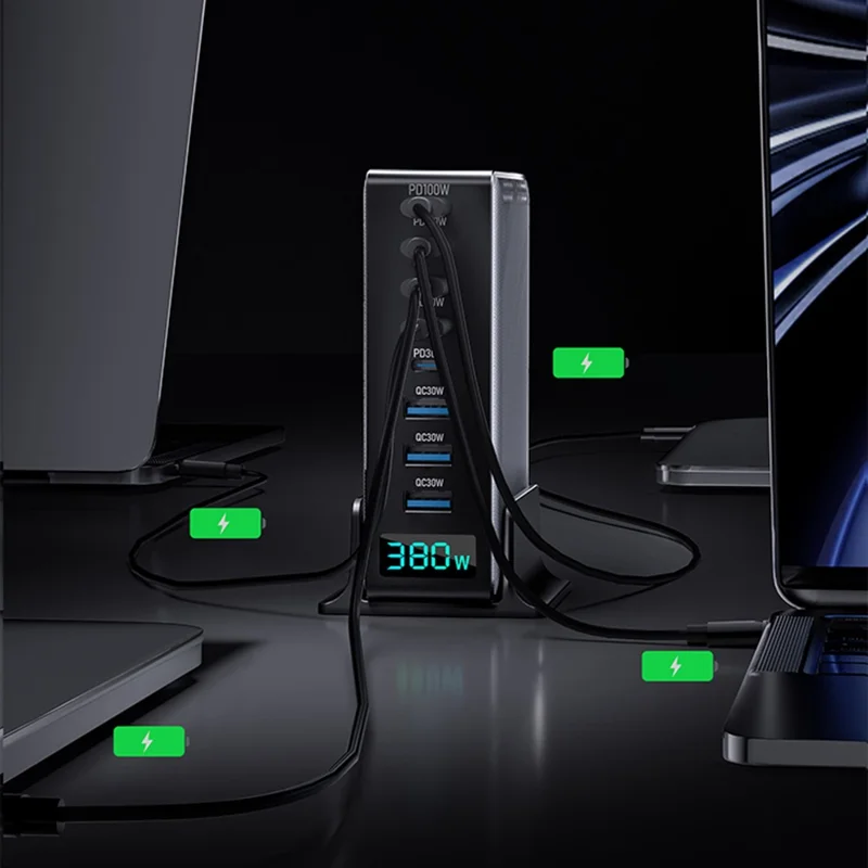 Station de charge 380 W avec affichage numérique en nitrure de gallium Type-C + USB-A, chargeur rapide 8 ports - Noir / Prise UE