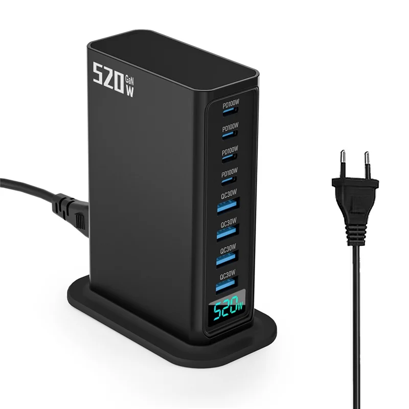 520W GaN Charger Type-C + USB-A 8 Ports Desktop Charging Station Digital Display Fast Charger - Black  /  EU Plug
