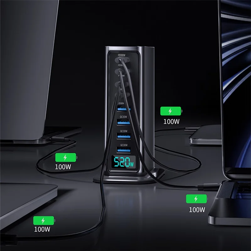 520W GaN Charger Type-C + USB-A 8 Ports Desktop Charging Station Digital Display Fast Charger - Black  /  EU Plug