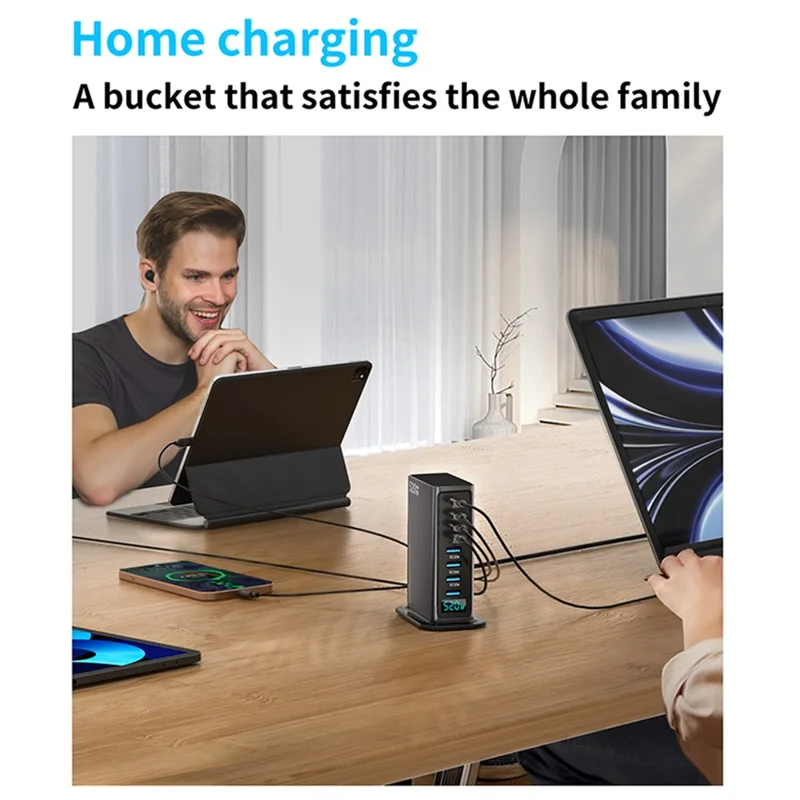 520W GaN Charger Type-C + USB-A 8 Ports Desktop Charging Station Digital Display Fast Charger - Black  /  EU Plug