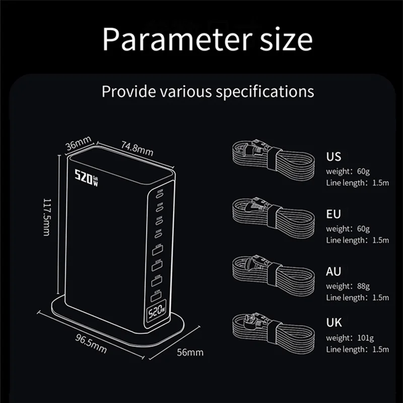 520W GaN Charger Type-C + USB-A 8 Ports Desktop Charging Station Digital Display Fast Charger - Black  /  EU Plug