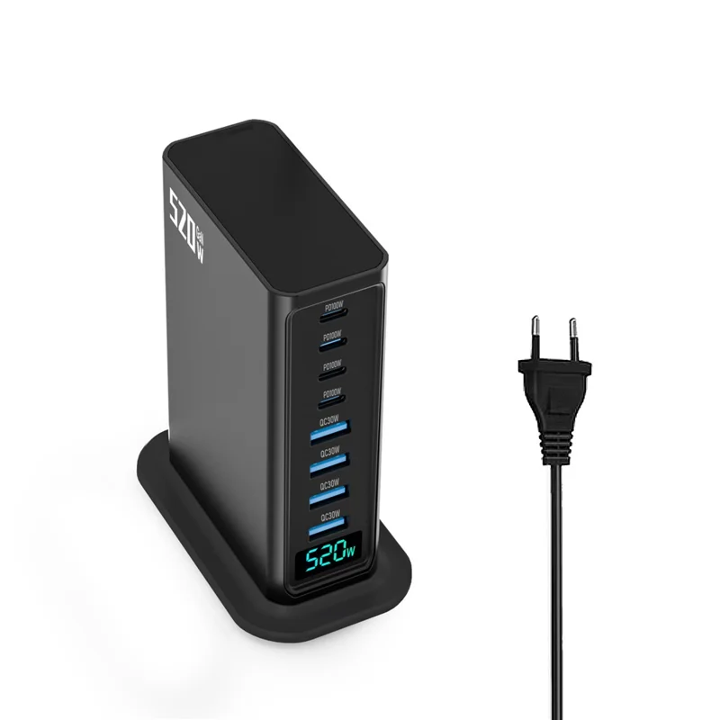 520W GaN Charger Type-C + USB-A 8 Ports Desktop Charging Station Digital Display Fast Charger - Black  /  EU Plug