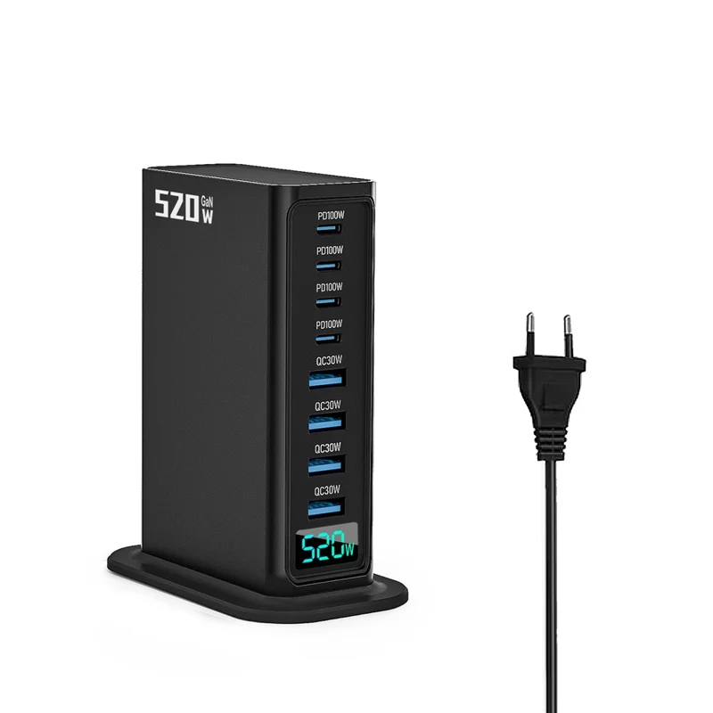 520W GaN Charger Type-C + USB-A 8 Ports Desktop Charging Station Digital Display Fast Charger - Black  /  EU Plug
