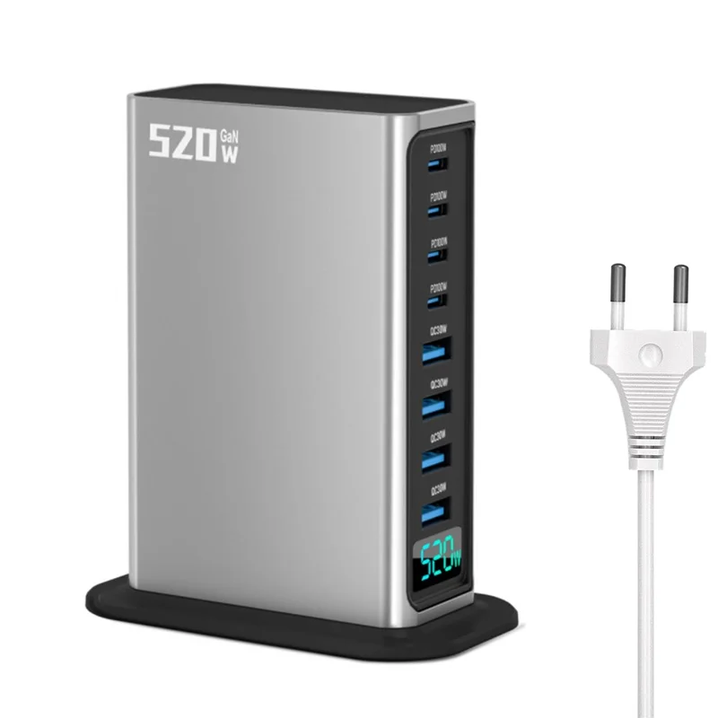 520W GaN Charger Type-C + USB-A 8 Ports Digital Display Desktop Fast Charging Station for Laptop Phone - Silver  /  EU Plug