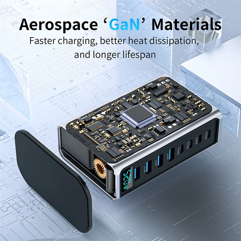 520W GaN Charger Type-C + USB-A 8 Ports Digital Display Desktop Fast Charging Station for Laptop Phone - Silver  /  EU Plug