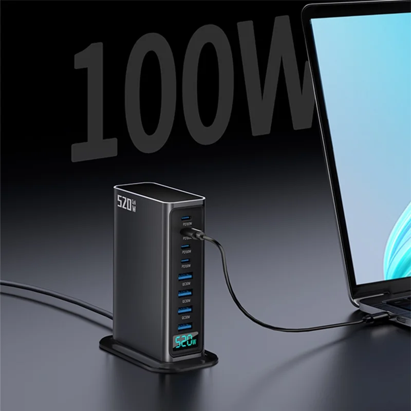 520W GaN Charger Type-C + USB-A 8 Ports Digital Display Desktop Fast Charging Station for Laptop Phone - Silver  /  EU Plug