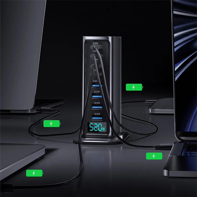 520W GaN Charger Type-C + USB-A 8 Ports Digital Display Desktop Fast Charging Station for Laptop Phone - Silver  /  EU Plug