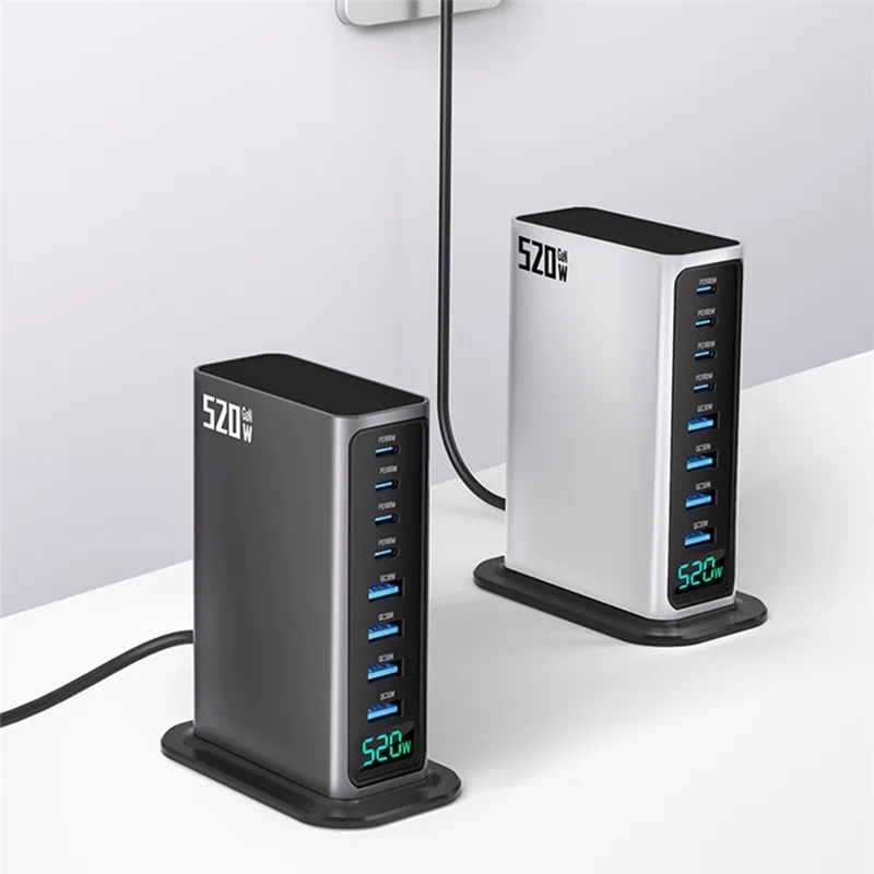 520W GaN Charger Type-C + USB-A 8 Ports Digital Display Desktop Fast Charging Station for Laptop Phone - Silver  /  EU Plug