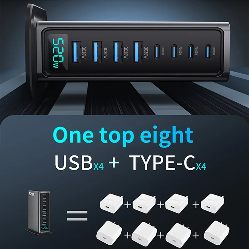 520W GaN Charger Type-C + USB-A 8 Ports Digital Display Desktop Fast Charging Station for Laptop Phone - Silver  /  EU Plug