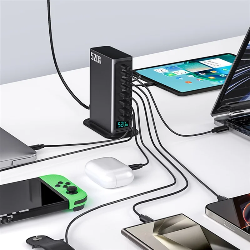 520W GaN Charger Type-C + USB-A 8 Ports Digital Display Desktop Fast Charging Station for Laptop Phone - Silver  /  EU Plug