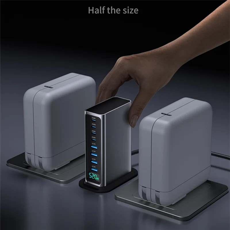 520W GaN Charger Type-C + USB-A 8 Ports Digital Display Desktop Fast Charging Station for Laptop Phone - Silver  /  EU Plug