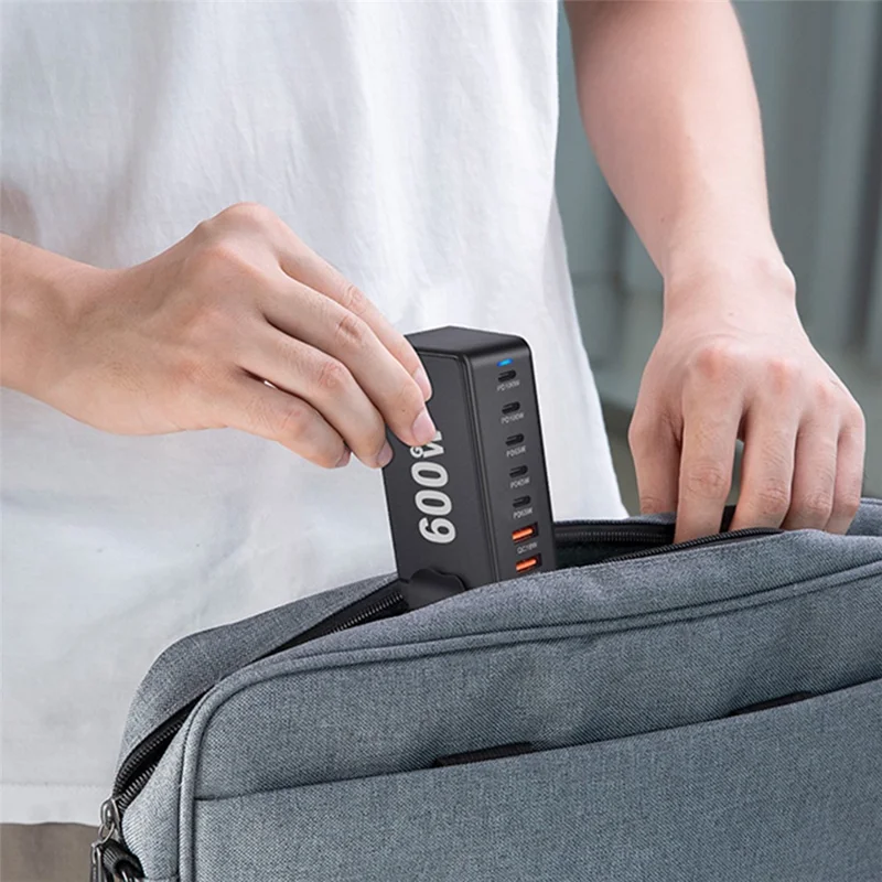 600W GaN Desktop Charger Type-C + USB-A 8-Port Fast Charging Station for Laptops Tablets Smartphones - Black  /  EU Plug