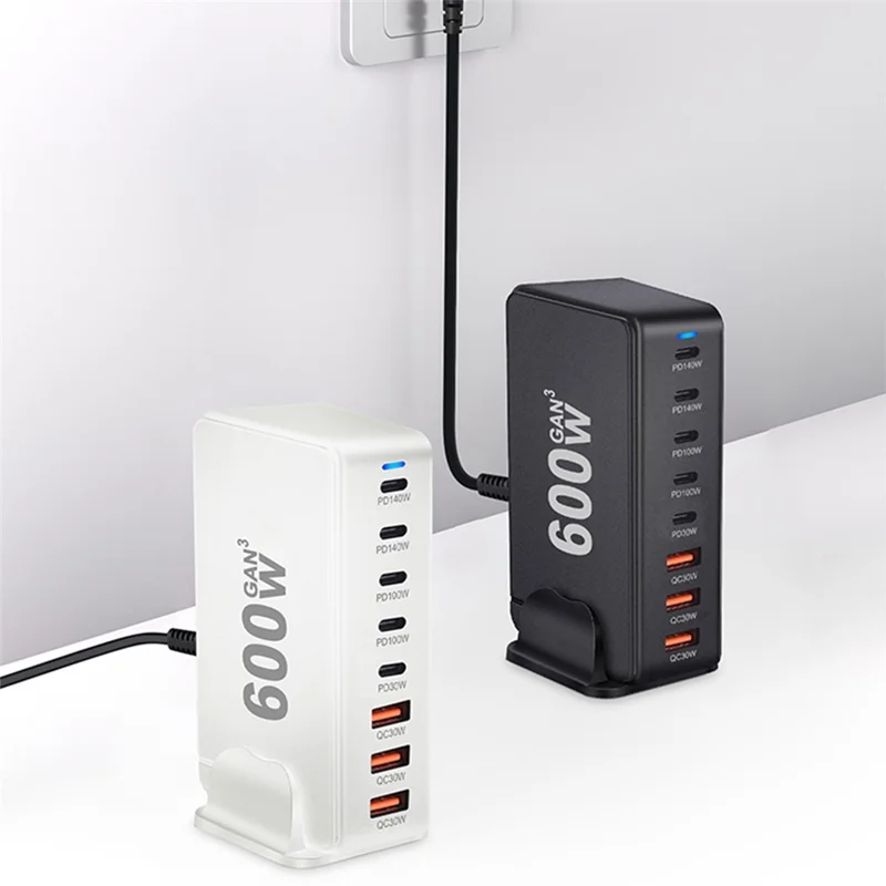 600W GaN Desktop Charger Type-C + USB-A 8-Port Fast Charging Station for Laptops Tablets Smartphones - Black  /  EU Plug