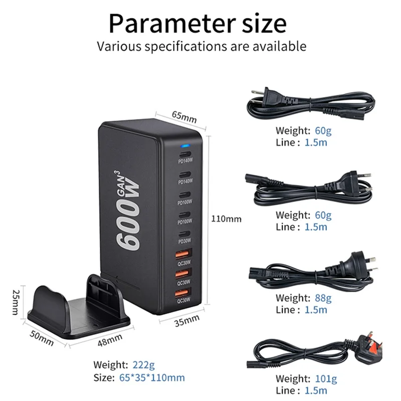 600W GaN Desktop Charger Type-C + USB-A 8-Port Fast Charging Station for Laptops Tablets Smartphones - Black  /  EU Plug
