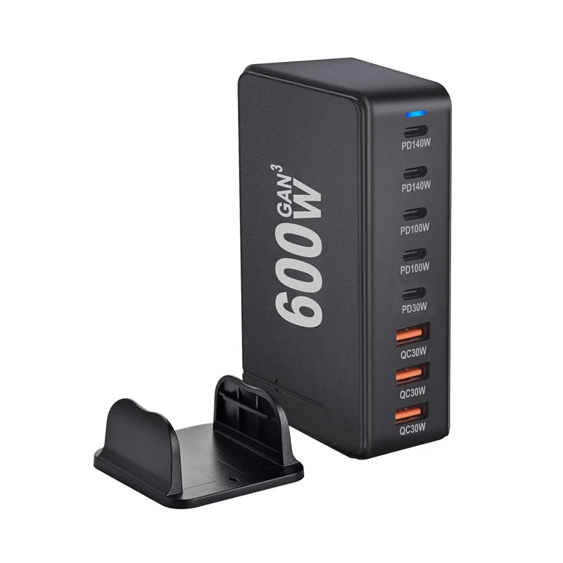 600W GaN Desktop Charger Type-C + USB-A 8-Port Fast Charging Station for Laptops Tablets Smartphones - Black  /  EU Plug