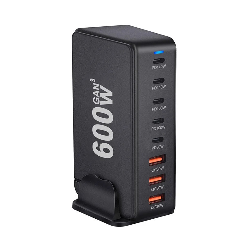 600W GaN Desktop Charger Type-C + USB-A 8-Port Fast Charging Station for Laptops Tablets Smartphones - Black  /  EU Plug