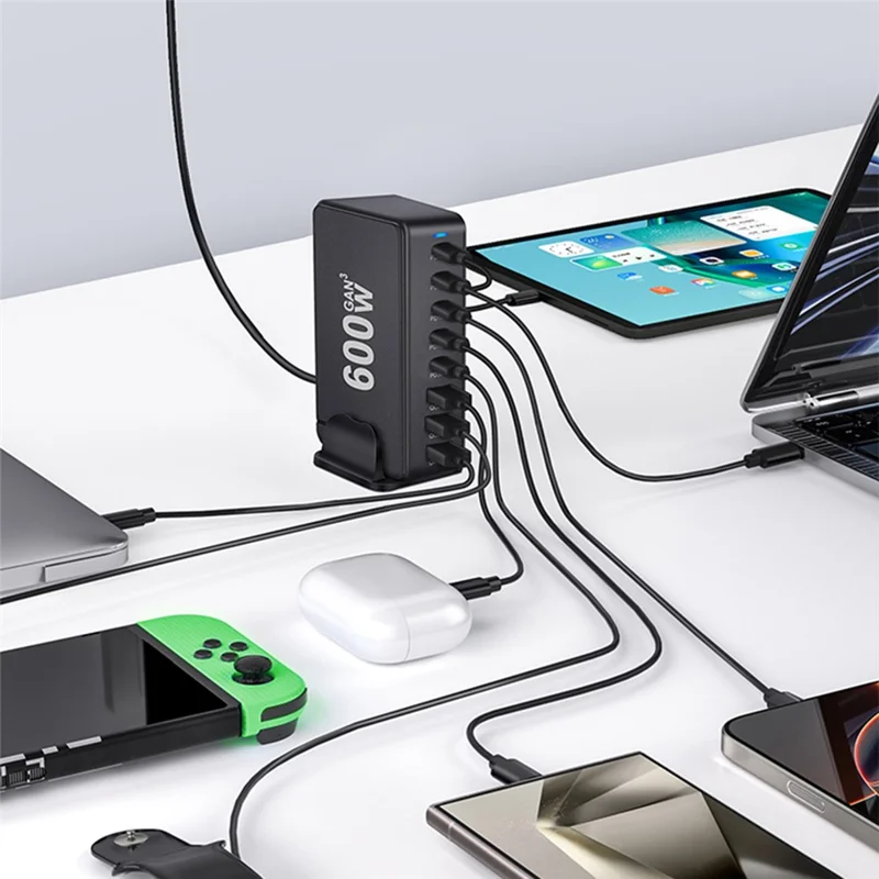 600W GaN Desktop Charger Type-C + USB-A 8-Port Fast Charging Station for Laptops Tablets Smartphones - Black  /  EU Plug