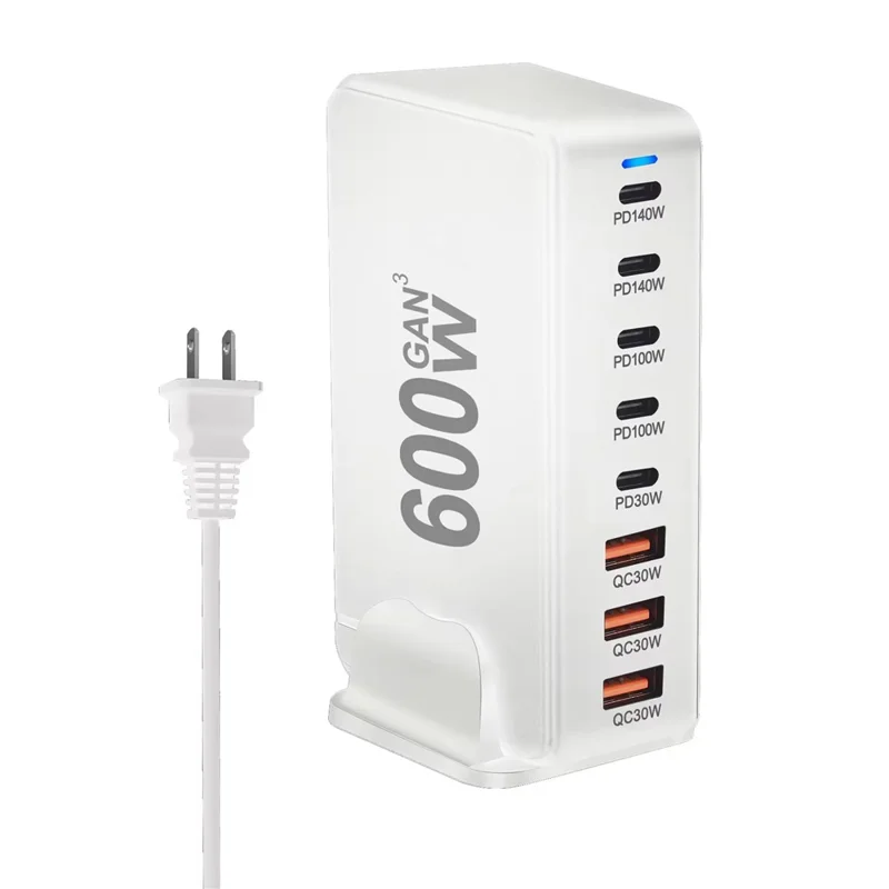 600W GaN Desktop Charger Type-C + USB-A 8-Port Fast Charging Station for Laptops Tablets Smartphones - White  /  US Plug